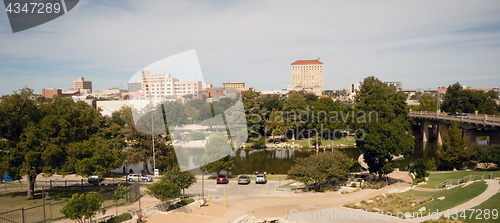 Image of Fall Afternoon Blue Sky Lubbock Texas Downtown City Skyline Rive