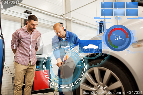 Image of auto mechanic with clipboard and man at car shop