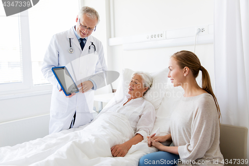 Image of senior woman and doctor with tablet pc at hospital