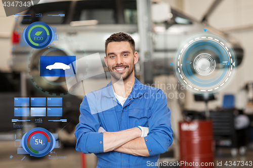 Image of happy auto mechanic man or smith at car workshop