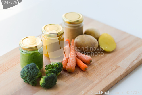 Image of vegetable puree or baby food in glass jars