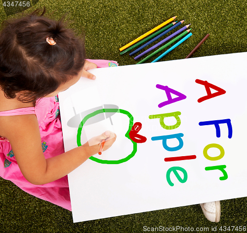 Image of Girl Writing Apple Shows Kid Learning Alphabet