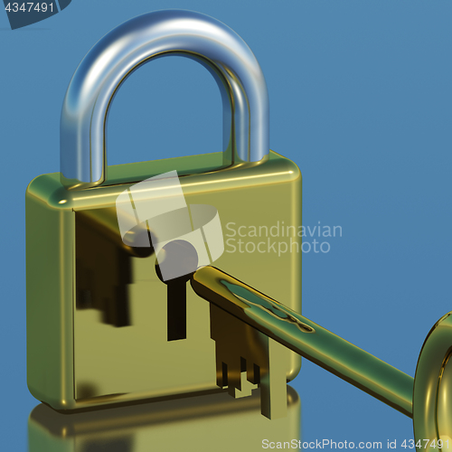 Image of Padlock With Key Showing Security Protection And Safety