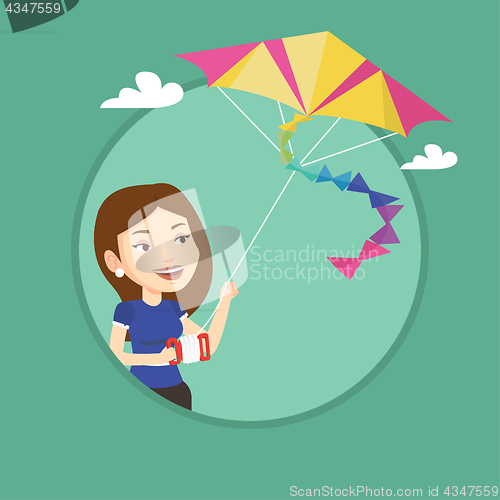 Image of Young woman flying kite vector illustration.