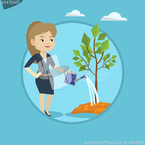 Image of Woman watering tree vector illustration.