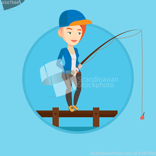 Image of Woman fishing on jetty vector illustration.