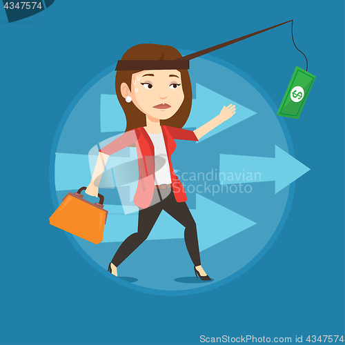 Image of Businesswoman trying to catch money on fishing rod