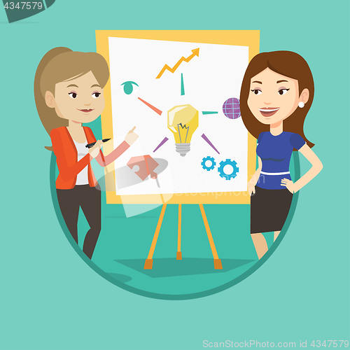 Image of Two students discussing project near board.