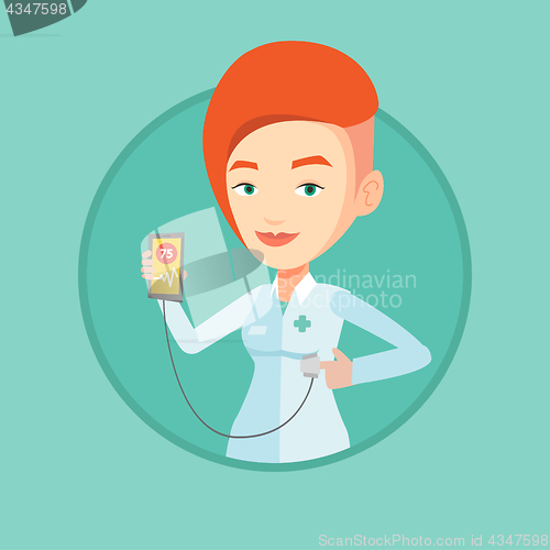 Image of Doctor showing app for measuring heart pulse.