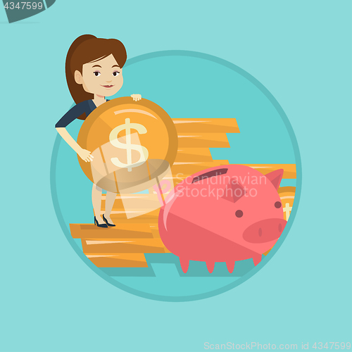 Image of Business woman putting coin in piggy bank.