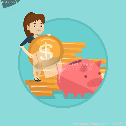 Image of Business woman putting coin in piggy bank.