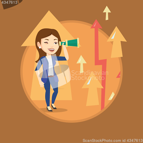 Image of Woman looking through spyglass on raising arrows.