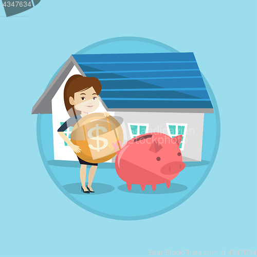 Image of Woman puts money into piggy bank for buying house.