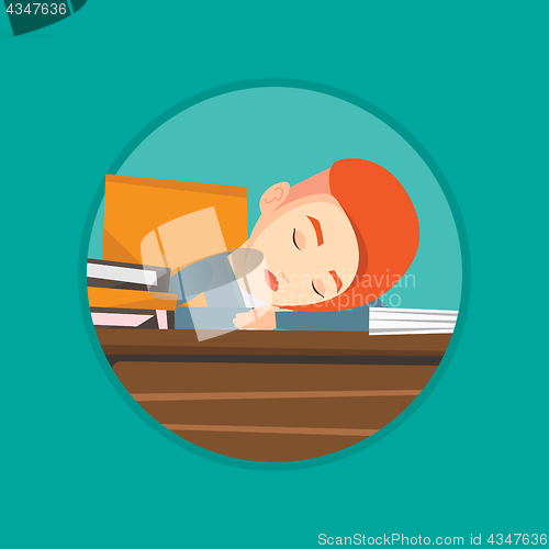 Image of Female student sleeping at the desk with book.