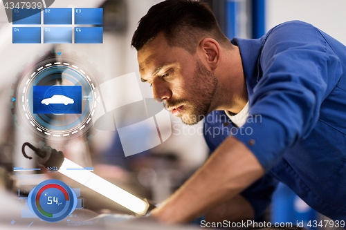 Image of mechanic man with lamp repairing car at workshop