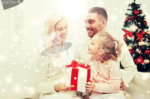 Image of happy family at home with christmas gift box
