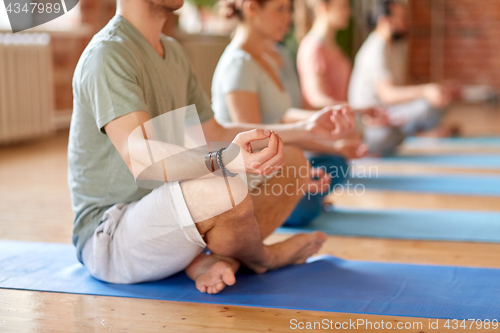 Image of group of people making yoga exercises at studio