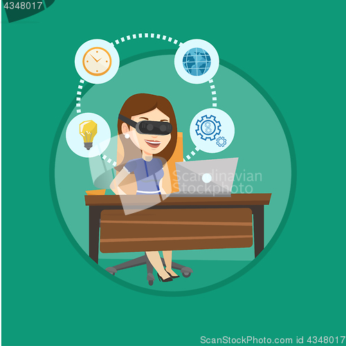 Image of Business woman in vr headset working on computer.