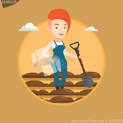 Image of Farmer with shovel at field vector illustration.