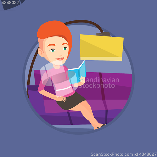 Image of Woman reading book on sofa vector illustration.