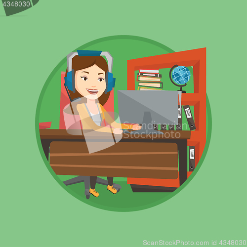 Image of Business woman with headset working at office.