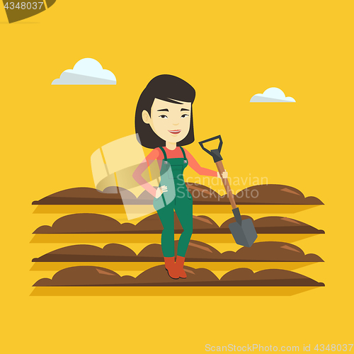 Image of Farmer with shovel at field vector illustration.