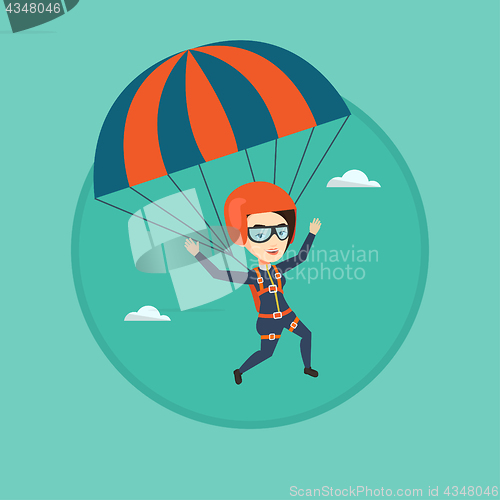 Image of Young happy woman flying with parachute.