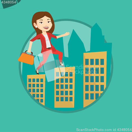 Image of Business woman walking on the roofs of buildings.