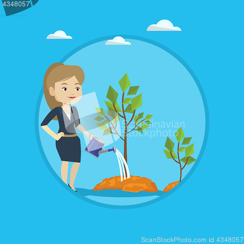 Image of Business woman watering trees vector illustration.