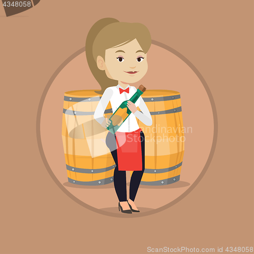 Image of Waitress holding bottle of alcohol.