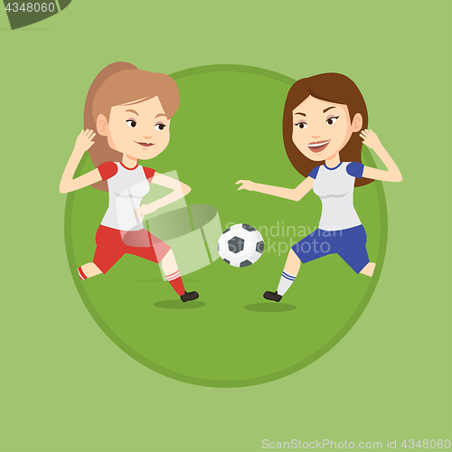 Image of Two female soccer players fighting for ball.