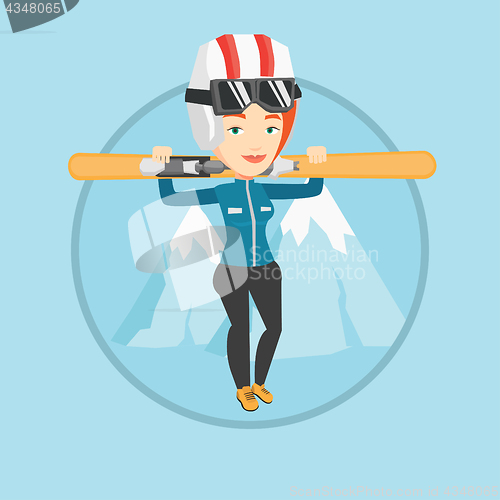 Image of Woman holding skis vector illustration.