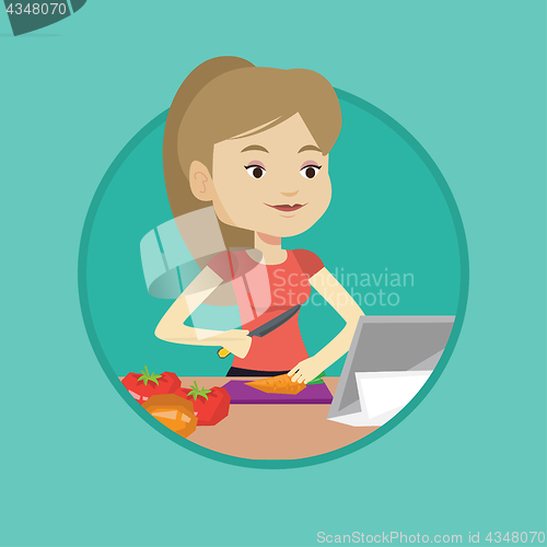 Image of Woman cooking healthy vegetable salad.