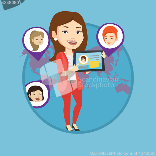 Image of Woman holding tablet with social network.