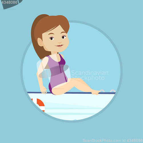 Image of Young happy woman tanning on sailboat.