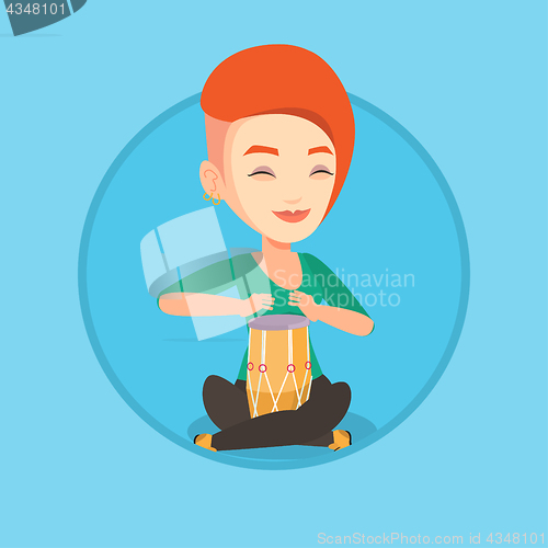 Image of Woman playing ethnic drum vector illustration.