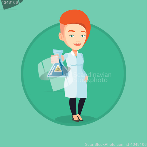 Image of Scientist holding flask with biohazard sign.