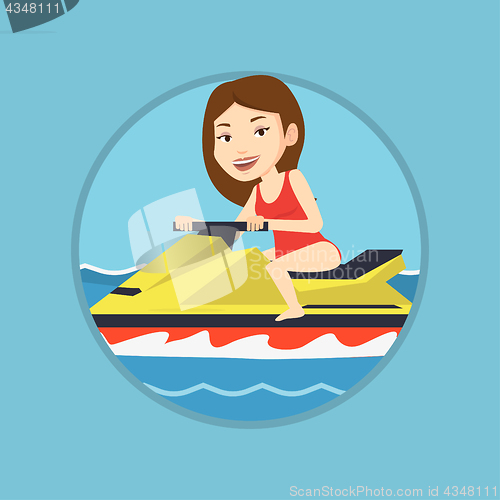 Image of Caucasian woman training on jet ski in the sea.