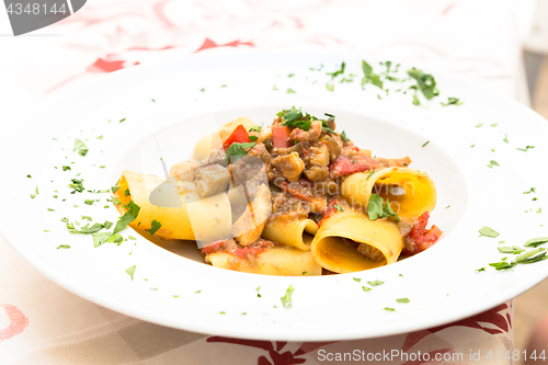 Image of Italian Paccheri pasta  with Swordfish