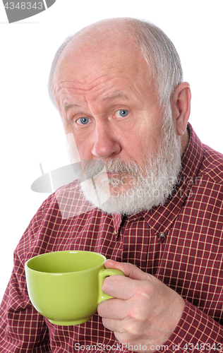 Image of Senior man with green cup, isolated on white