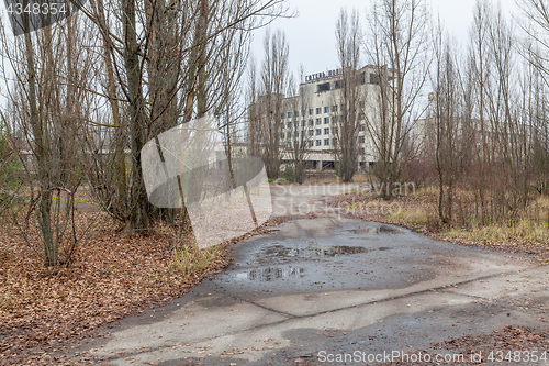 Image of Abandoned buildings in overgrown ghost city Pripyat.