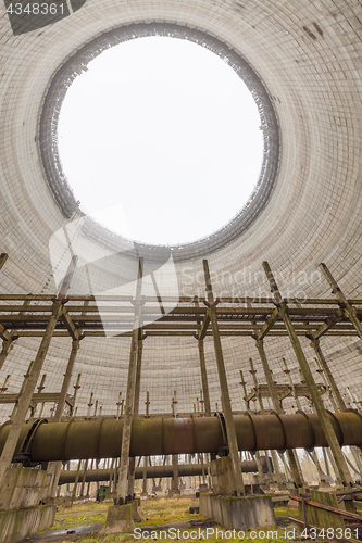 Image of Futuristic view inside of cooling tower of unfinished Chernobyl nuclear power plant