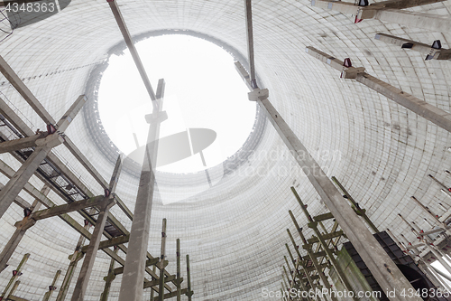 Image of Futuristic view inside of cooling tower of unfinished Chernobyl nuclear power plant
