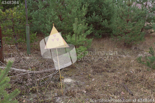 Image of Radiation sign in forest near power plant in Chernobyl Exclusion Zone, Ukraine