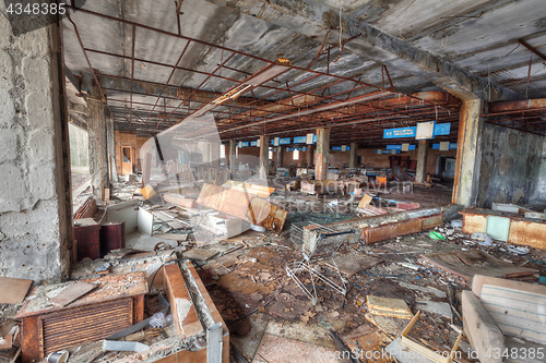 Image of Ruined supermarket in overgrown ghost city Pripyat.