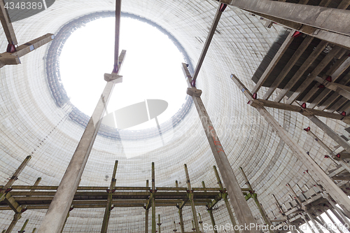 Image of Futuristic view inside of cooling tower of unfinished Chernobyl nuclear power plant