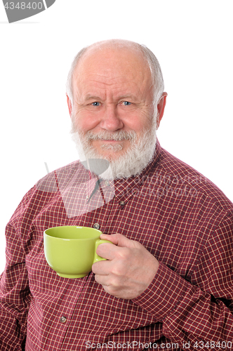 Image of Happy senior man with green cup, isolated on white