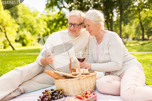 Image of senior couple with smartphone at picnic in park