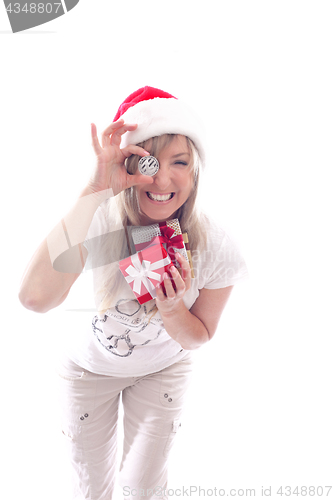 Image of Woman with a Litecoin cryptocurrency and holding gifts