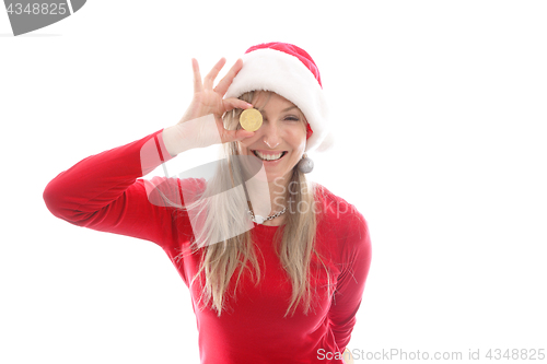 Image of Cheerful woman holding a Bitcoin or Bitcoin Cash